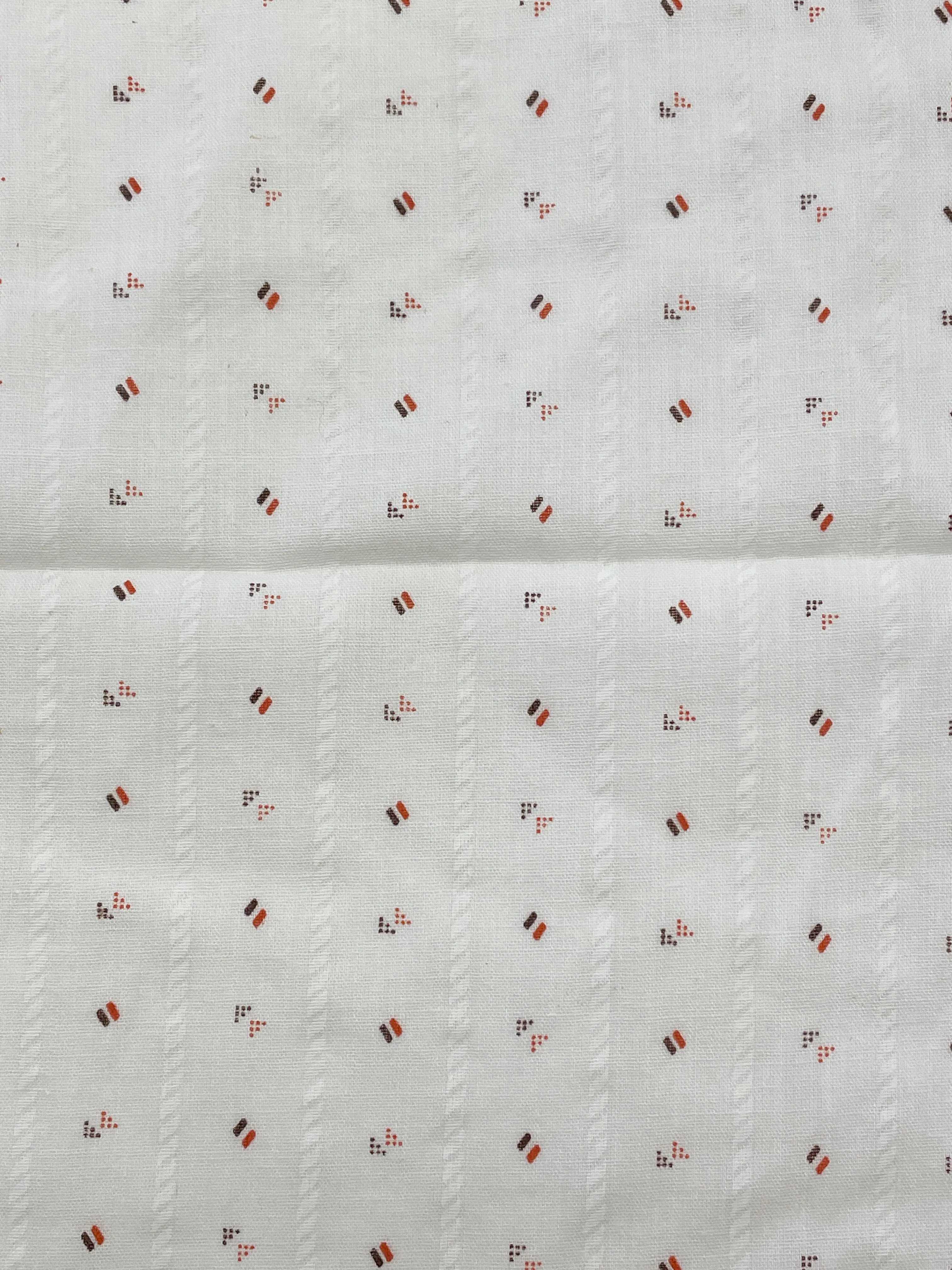 1  YD Poly/Cotton Shirting Vintage - Off White with White Stripes and Brown and Orange Print