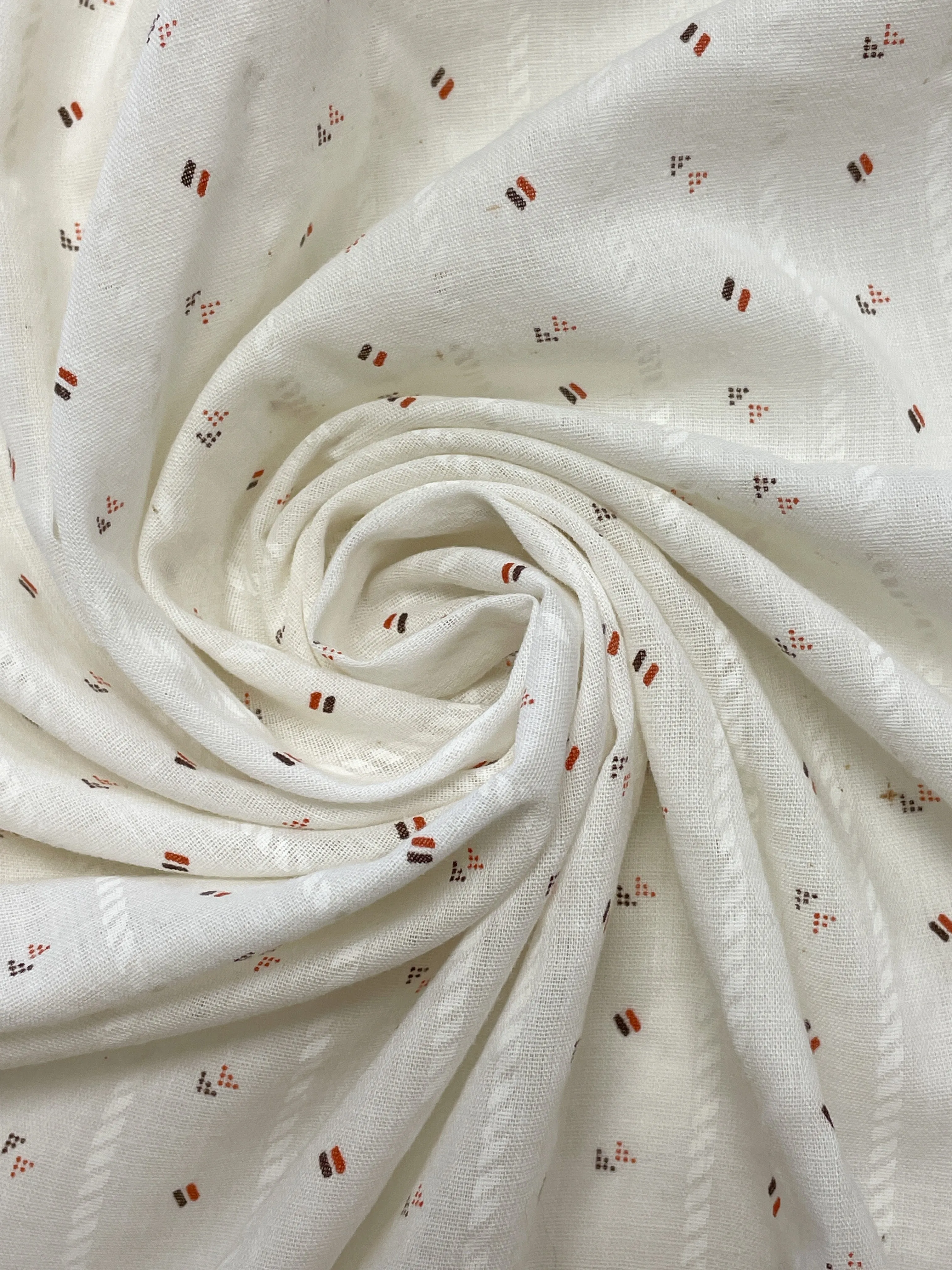 1  YD Poly/Cotton Shirting Vintage - Off White with White Stripes and Brown and Orange Print