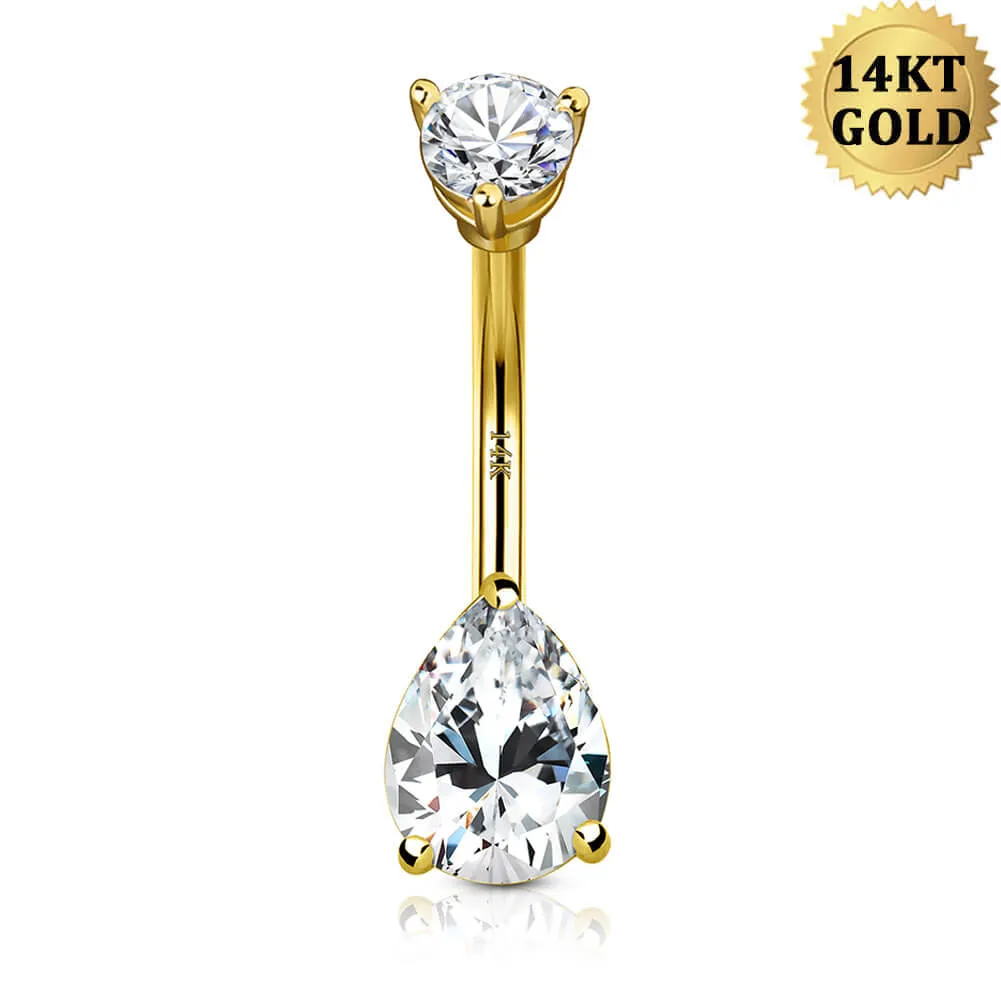 14KT Gold Teardrop CZ Belly Button Rings 14G Navel Ring