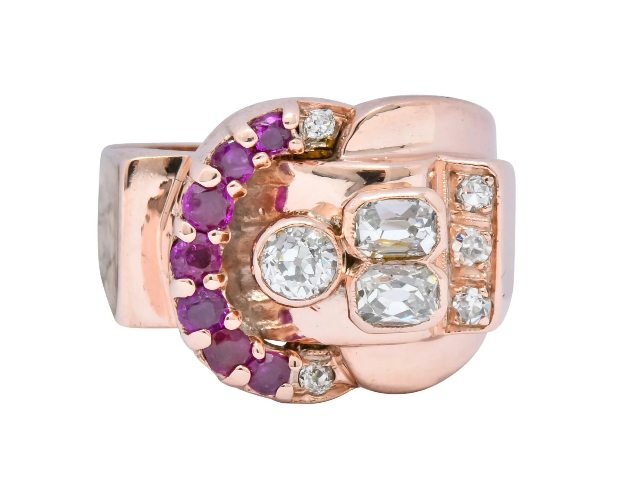 1940's Retro 1.20 CTW Diamond Ruby 14 Karat Rose Gold Buckle Ring