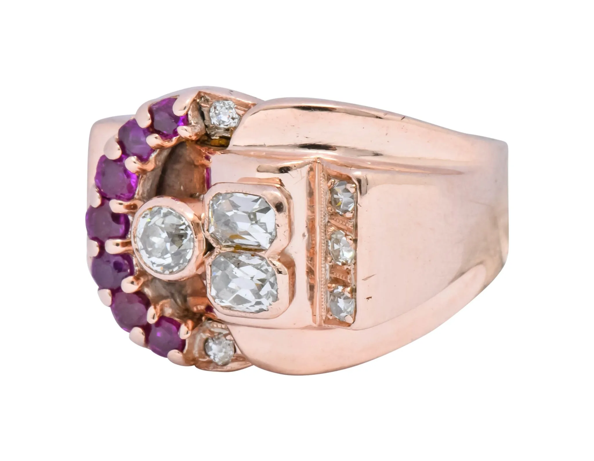 1940's Retro 1.20 CTW Diamond Ruby 14 Karat Rose Gold Buckle Ring