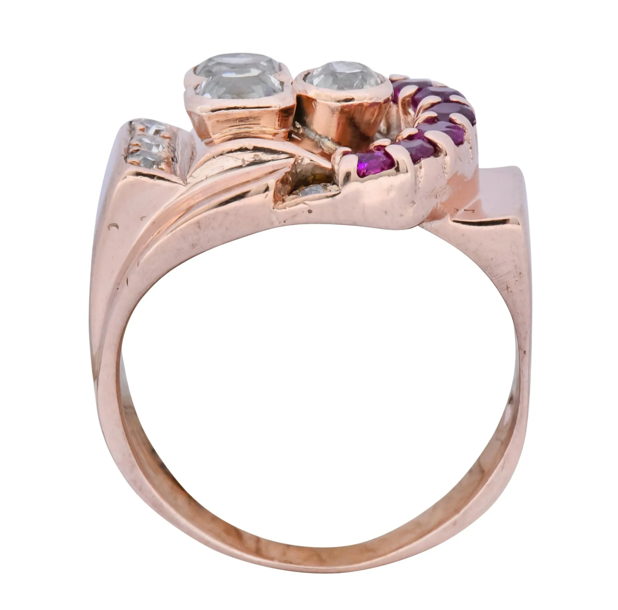 1940's Retro 1.20 CTW Diamond Ruby 14 Karat Rose Gold Buckle Ring