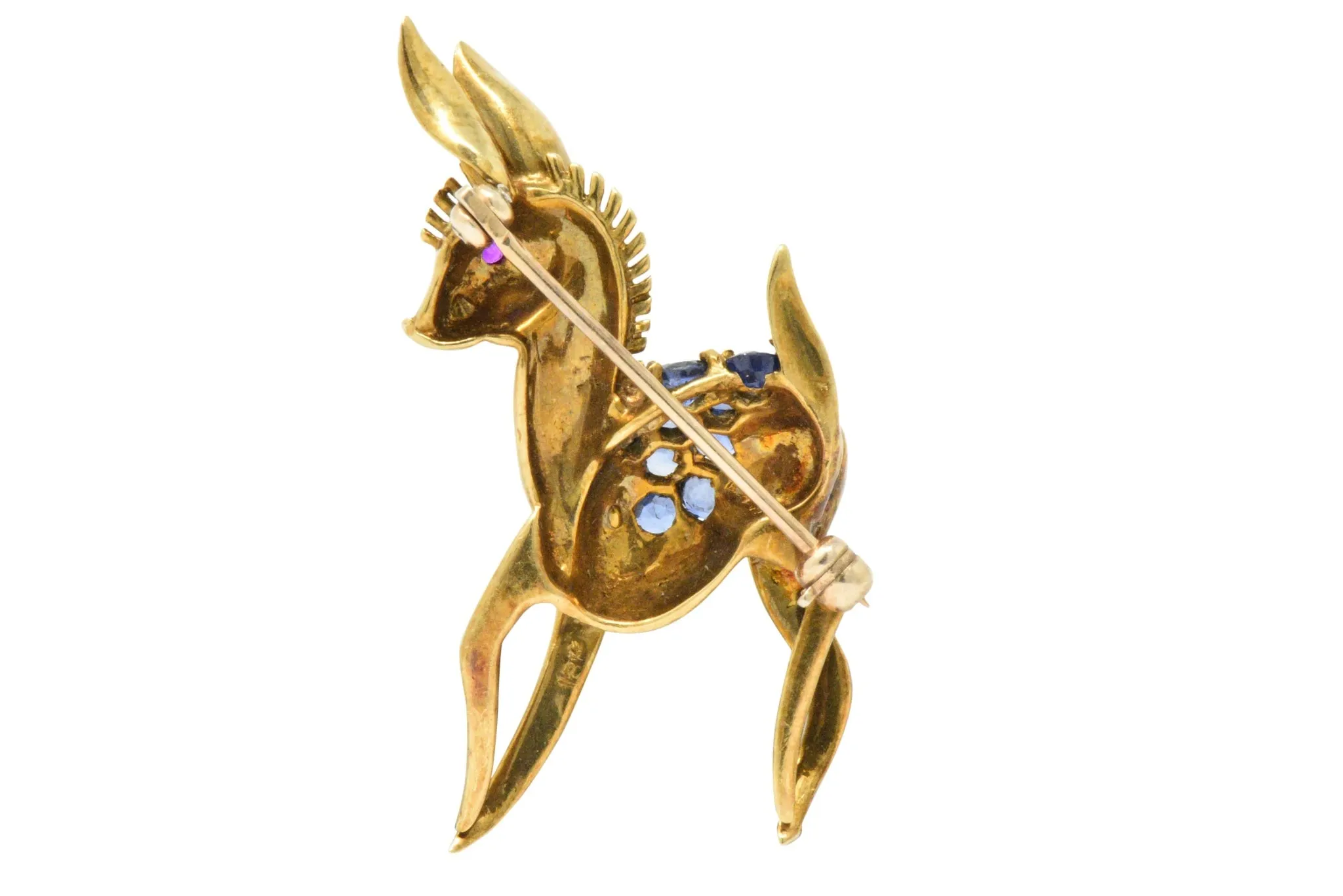 1950's .90CTW Sapphire, Ruby & 18K Gold Deer/Doe Brooch