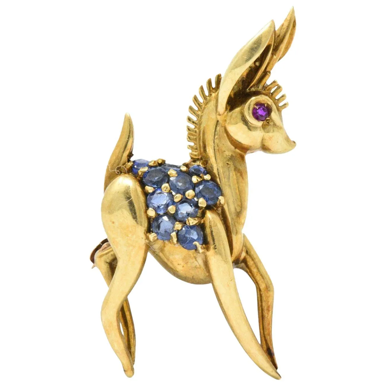 1950's .90CTW Sapphire, Ruby & 18K Gold Deer/Doe Brooch