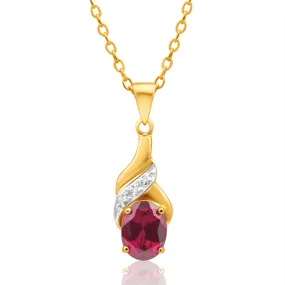 9ct Delightful Yellow Gold Created Ruby 8x6mm   Diamond Pendant