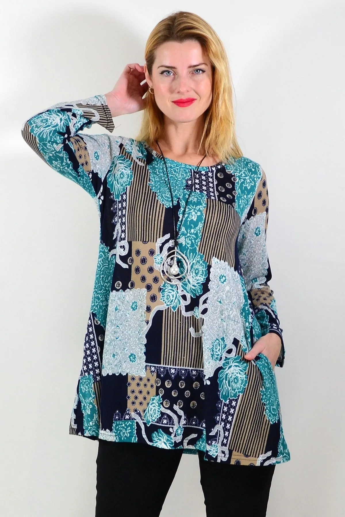 Aqua Mustard Abstract Print Fleece Tunic Top