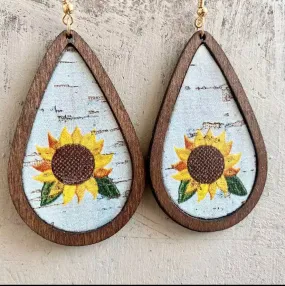 Beautiful Wooden Sunflower Teardrop Earrings