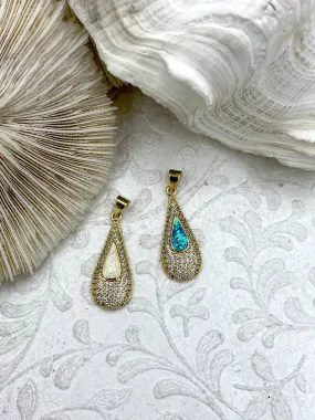 Colorful Glitter Enamel and Gold Teardrop Pendants with CZ, Gold Teardrop Charm, 2 Colors, Enamel and Gold Plated Brass Pendants, Fast Ship.