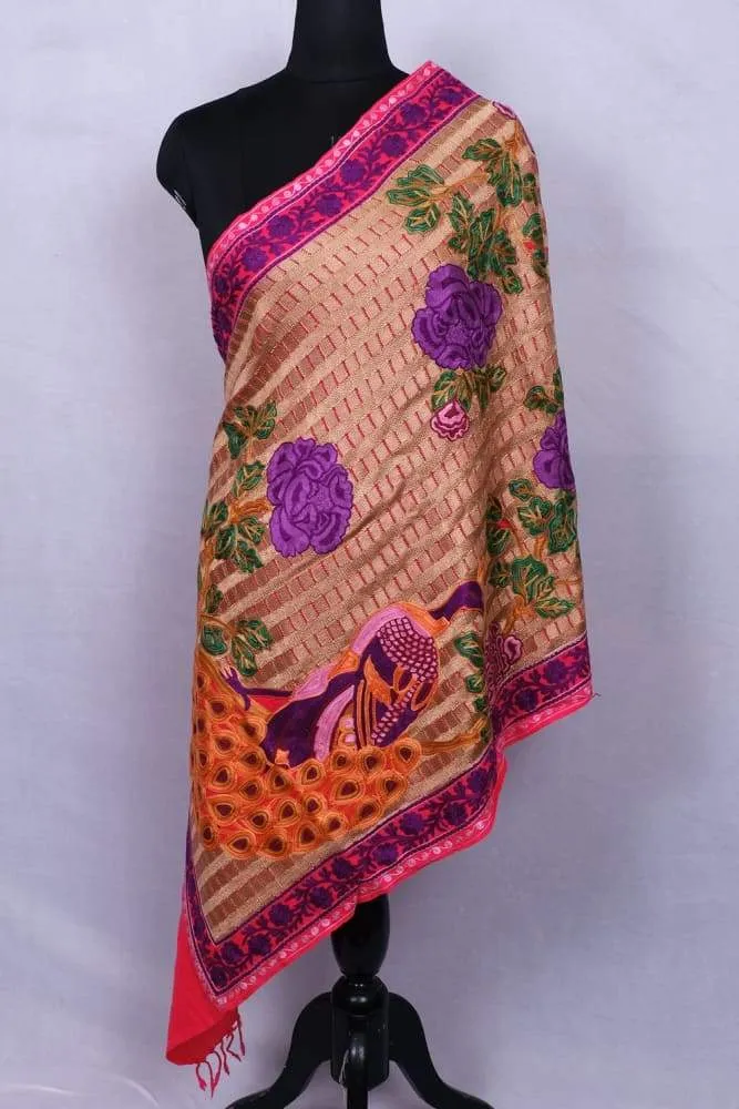 Dark Pink Colour Stole With Kashmiri Peacock Embroidery Compliments The Wearer For Owning A Unique Accessory.