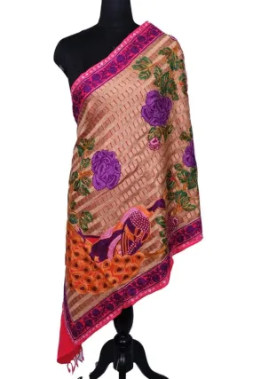 Dark Pink Colour Stole With Kashmiri Peacock Embroidery Compliments The Wearer For Owning A Unique Accessory.