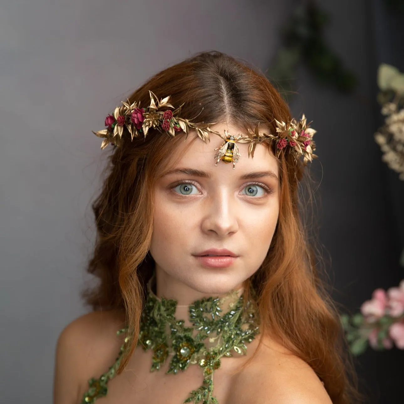 Flower elven tiara with a bee