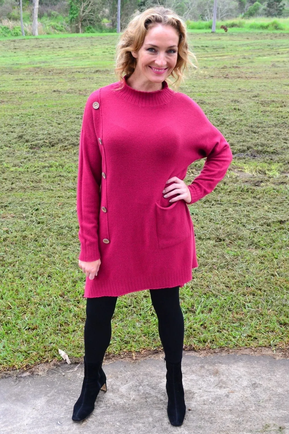 Magenta High Neck Cosy Knit Tunic Jumper