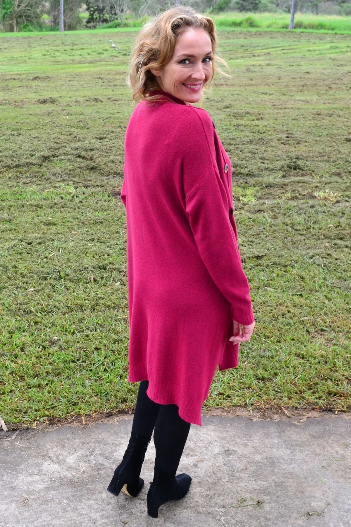 Magenta High Neck Cosy Knit Tunic Jumper