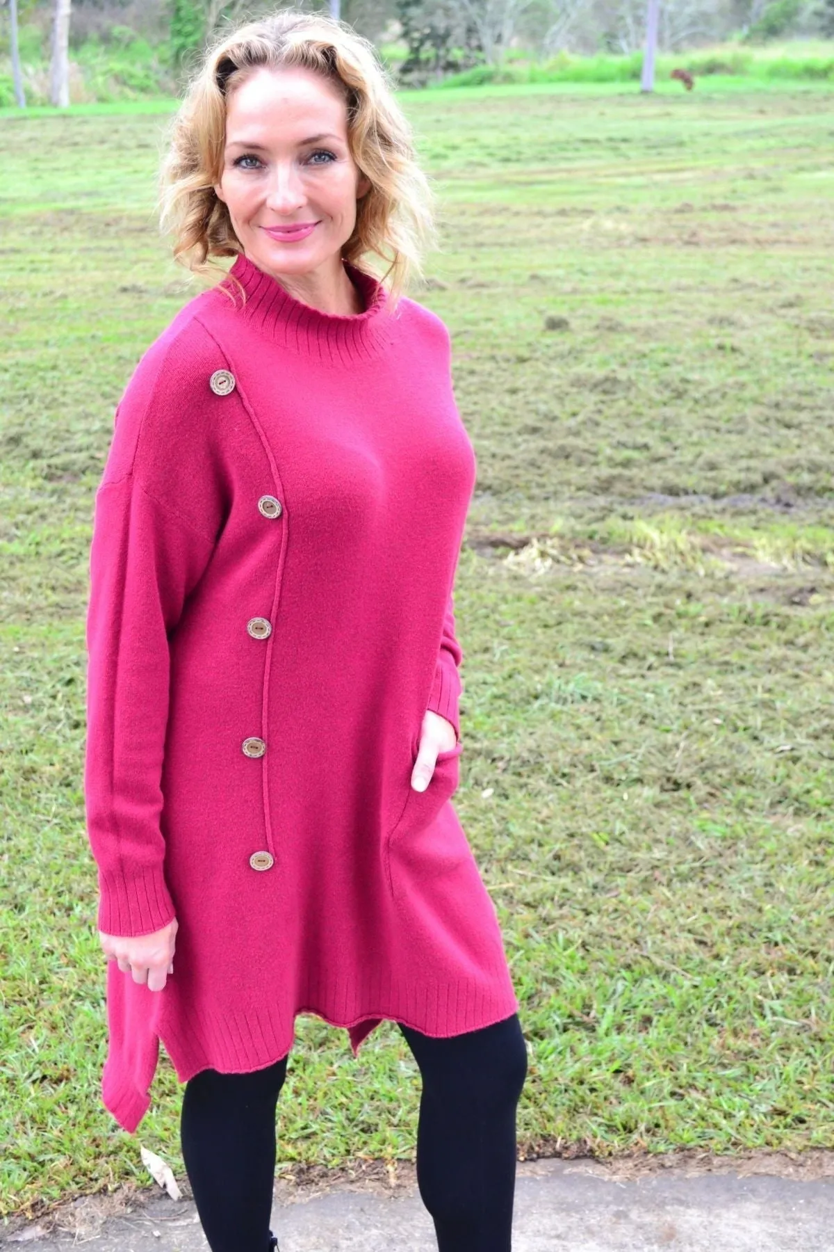 Magenta High Neck Cosy Knit Tunic Jumper