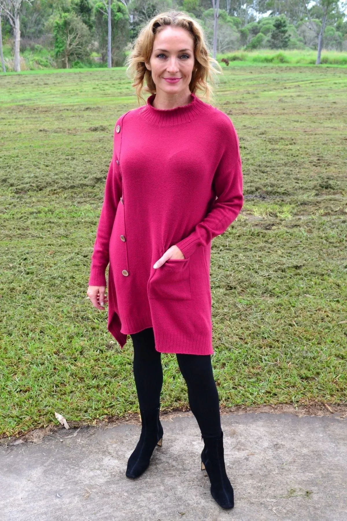 Magenta High Neck Cosy Knit Tunic Jumper