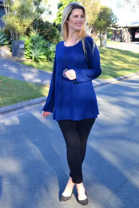 Navy Button Up Long Sleeve Basic Tunic Top