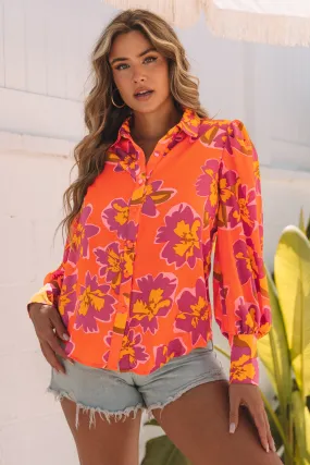 Orange Floral Print Lantern Sleeve Shirt