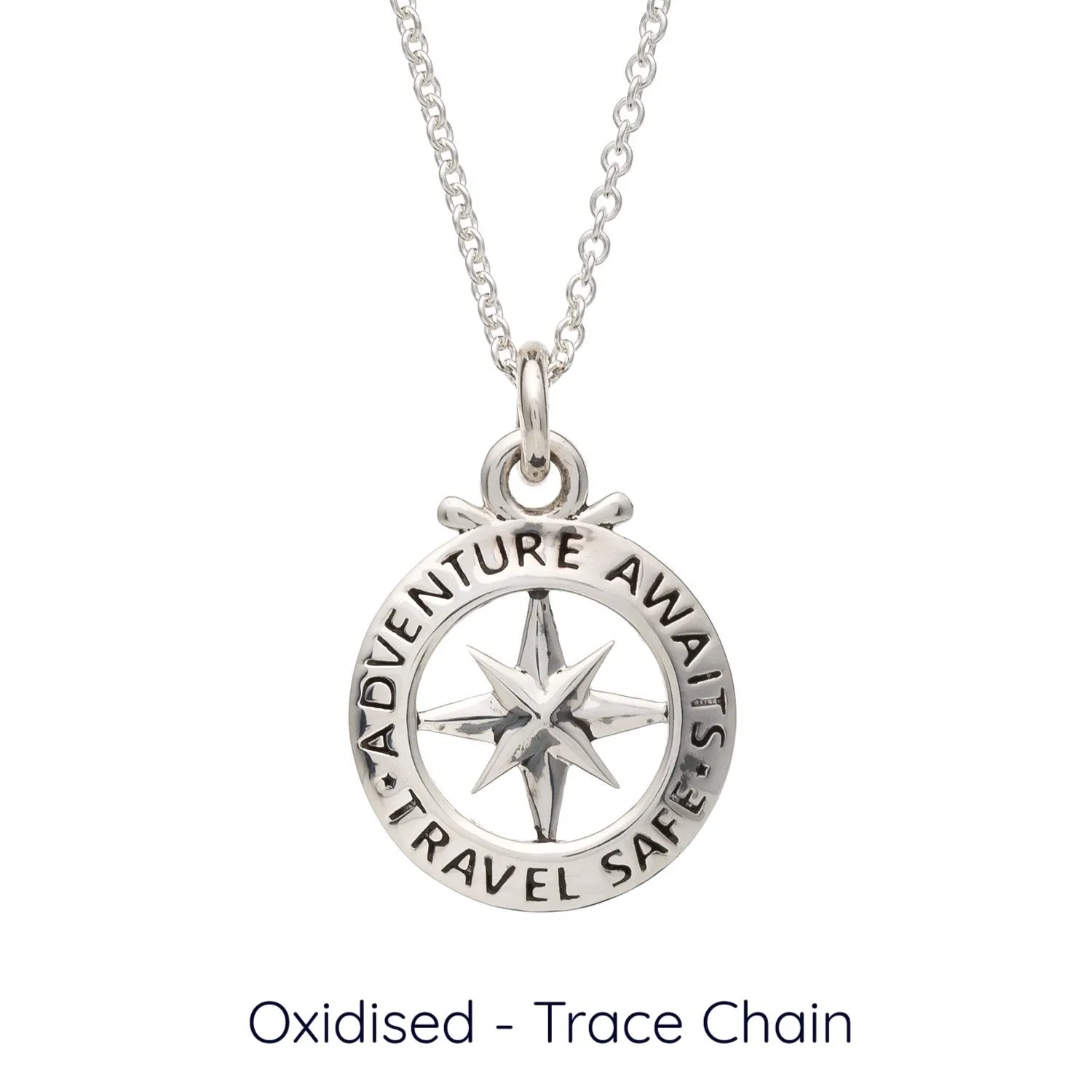 Travel Safe Outline Compass Small St Christopher Silver Necklace